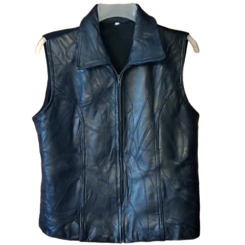 Womans Black Leather‎ Vintage Zip Up Vest Size Medium Large